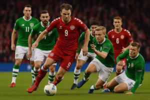 Danmark mod Irland i intens fodboldkamp – spiller i rødt presser fremad med bolden foran irsk modstander