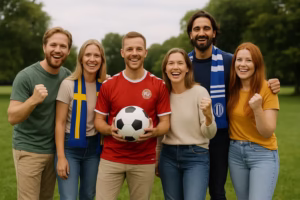 Gruppe af skandinaviske voksne på græsplæne med fodbold og halstørklæder