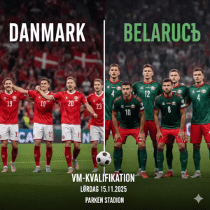 lav et billede til en artikel der har med optakt til fodboldkampen Danmark vs Belarus – VM-kvalifikation, lørdag 15.11 2025