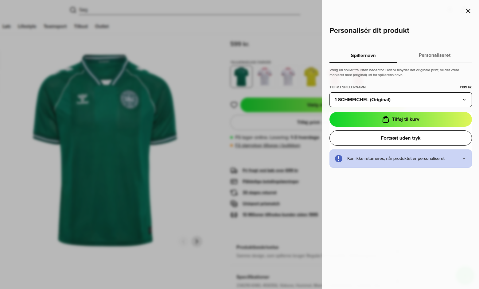 Grøn dansk målmandstrøje 2026/27 med Schmeichel-tryk og rygnummer 1