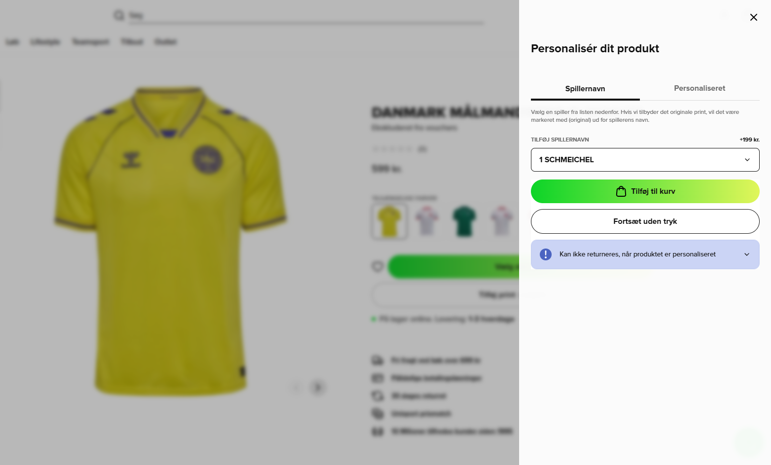 Gul dansk målmandstrøje 2026/27 med Schmeichel-tryk og rygnummer 1
