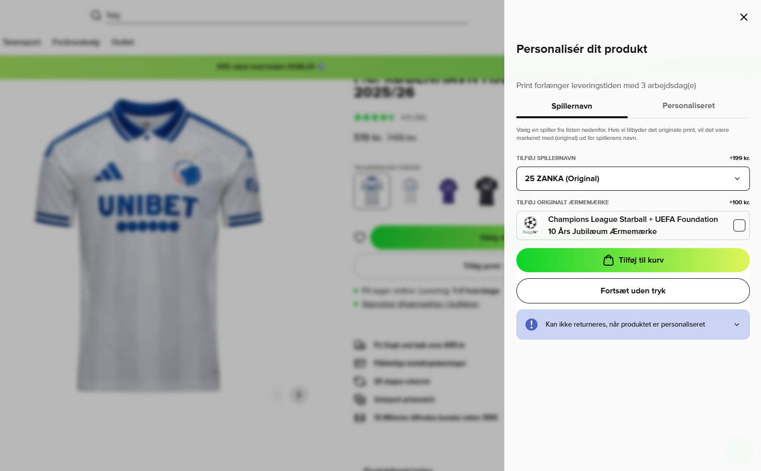FCK hjemmebanetrøje 2025/26 med Zanka navn og nummer 25 print fra Unisport