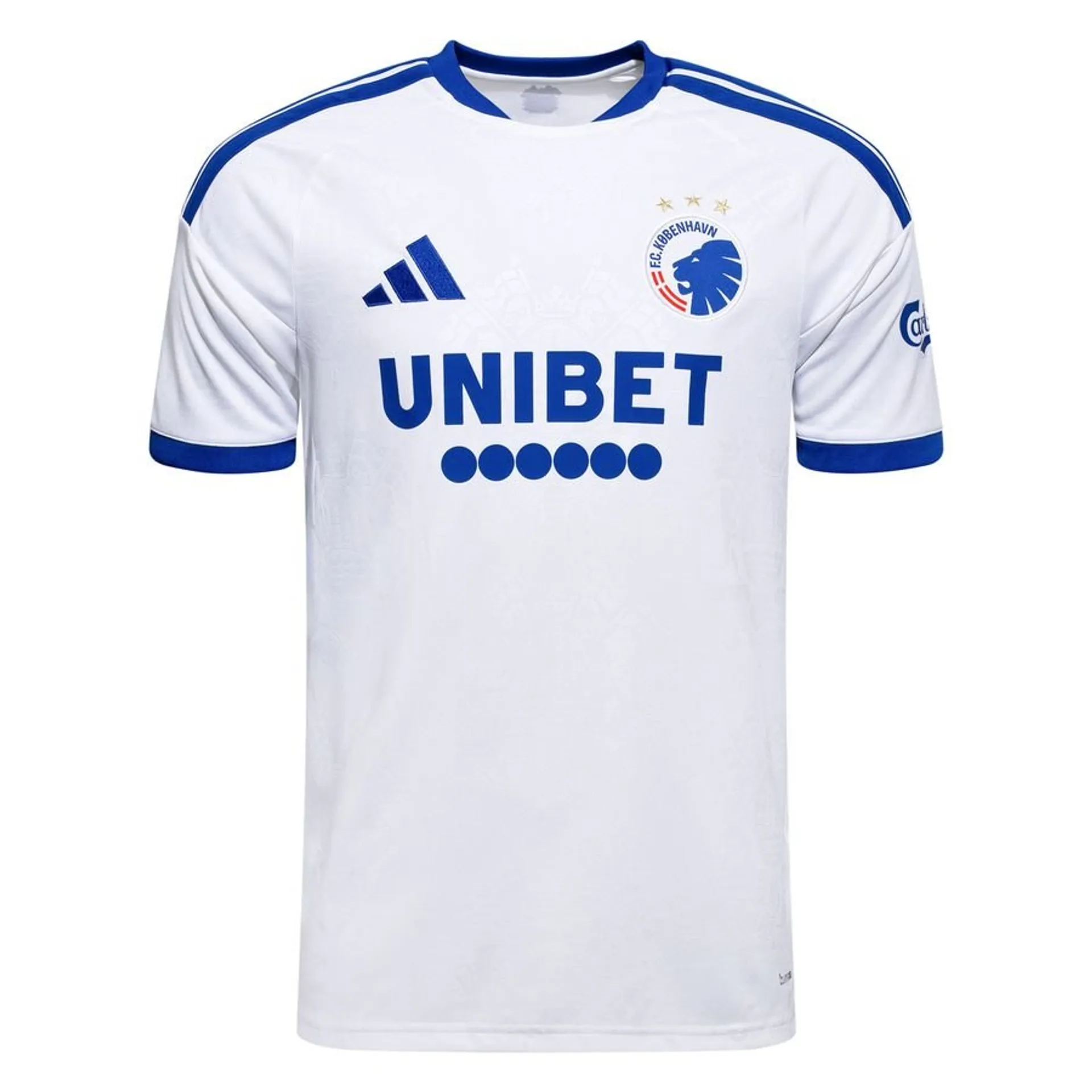 Ny FCK hjemmebanetrøje 26/27 fra adidas i hvid med blå detaljer og vævet våbenskjoldsmønster