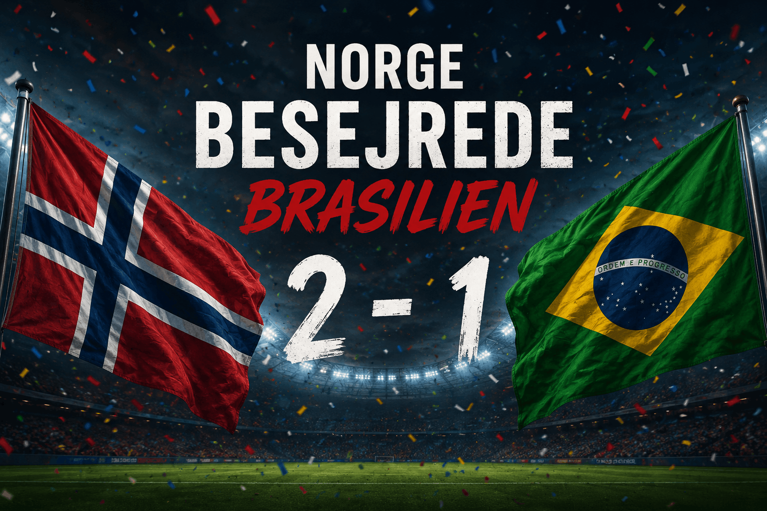 Norge besejrer Brasilien 2-1 ved VM 2026, med norske og brasilianske flag, stadionlys, konfetti og dramatisk fodboldstemning.